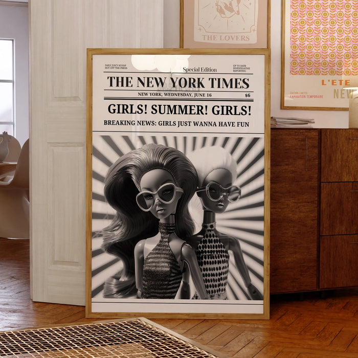 Girl Summer Trendy Newspaper Print Hairdresser Wall Art, Preppy Poster Funny Dorm Decor Bar Cart Wall Art Retro Doll Funny Digital 1 print