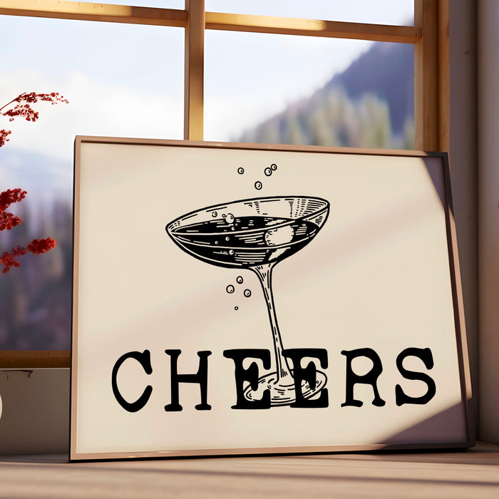 Martini glass cheers print trendy vintage retro wall art bar cart drinks accessories black and beige printable digital download 1 print