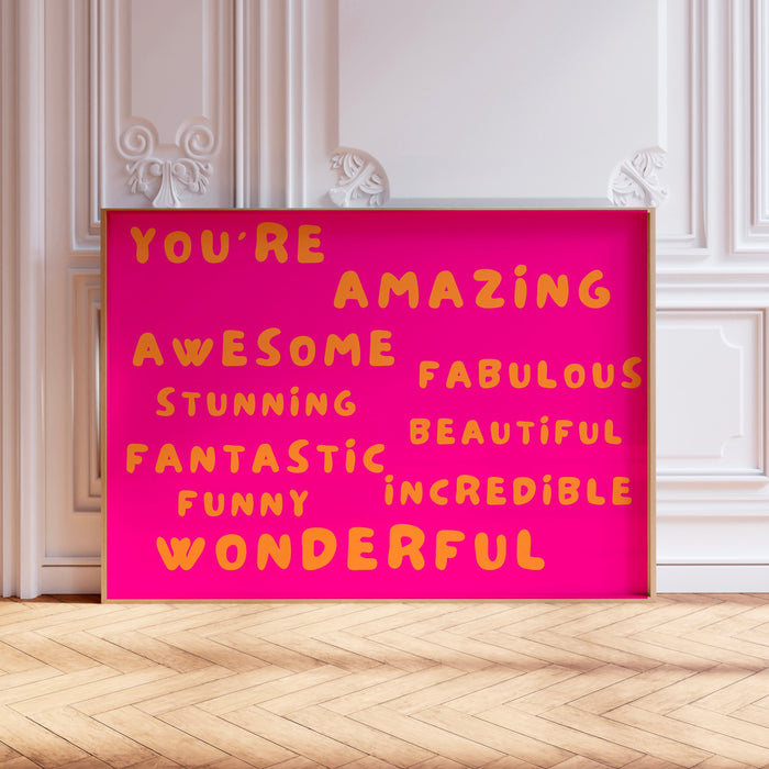 You Are Amazing Pink Orange Poster, Funky 70s Pink Wall Art, Digital Artwork,Printable, Girly Dorm Room Art Trendy Retro Digital Download