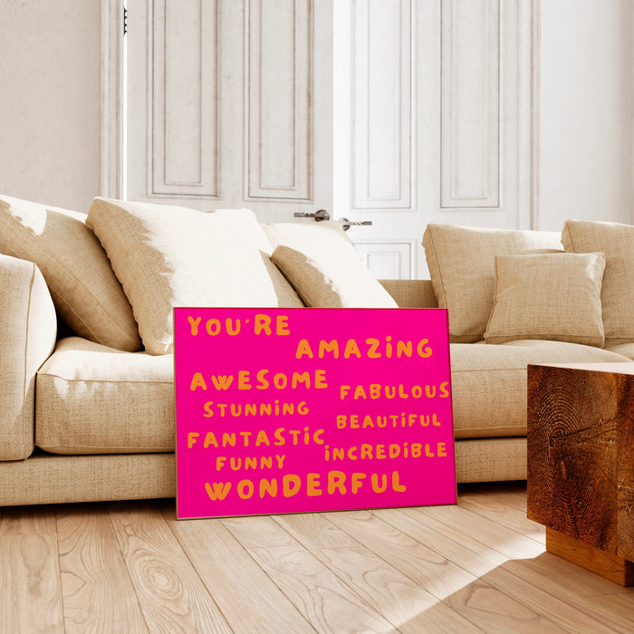 You Are Amazing Pink Orange Poster, Funky 70s Pink Wall Art, Digital Artwork,Printable, Girly Dorm Room Art Trendy Retro Digital Download