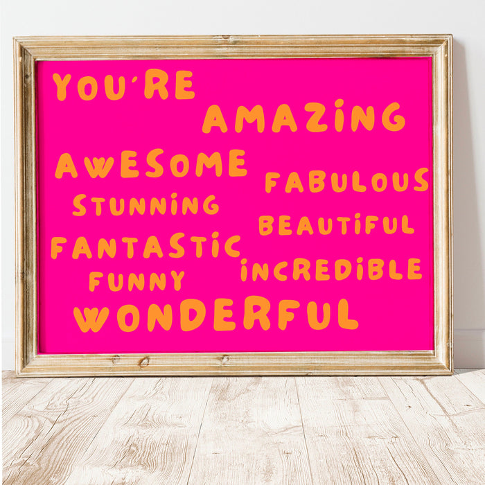 You Are Amazing Pink Orange Poster, Funky 70s Pink Wall Art, Digital Artwork,Printable, Girly Dorm Room Art Trendy Retro Digital Download