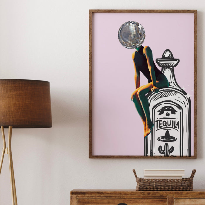 Set of 3 retro tequila posters girly pink bar cart art funky disco 70s print dorm room wall art digital artwork luxury mirrorball printable