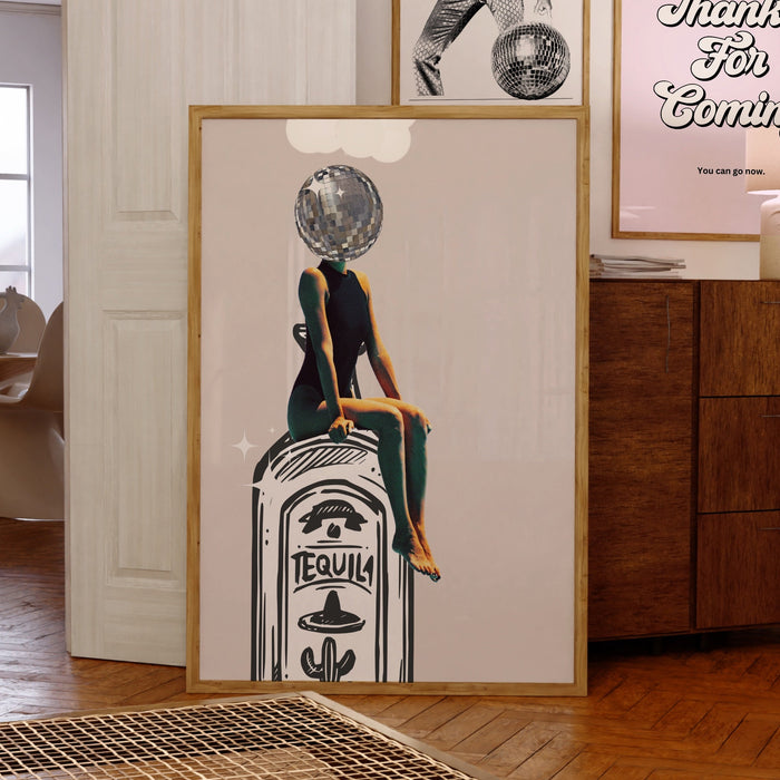 Tequila barcart art retro set of 3 posters bar cart funky disco vintage 70s print beige dorm living room decor prints mirrorball printable