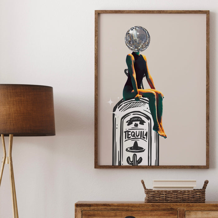 Tequila barcart art retro set of 3 posters bar cart funky disco vintage 70s print beige dorm living room decor prints mirrorball printable