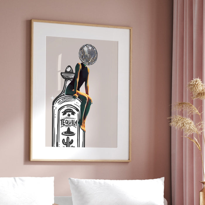Tequila barcart art retro set of 3 posters bar cart funky disco vintage 70s print beige dorm living room decor prints mirrorball printable