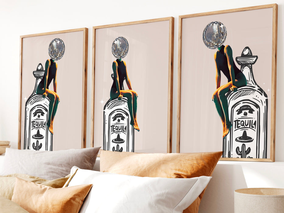 Tequila barcart art retro set of 3 posters bar cart funky disco vintage 70s print beige dorm living room decor prints mirrorball printable