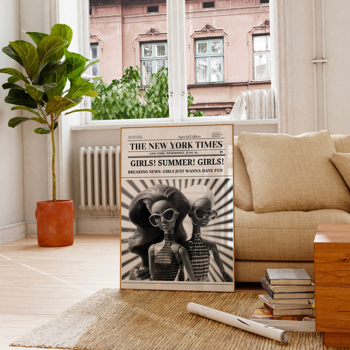 Girl Summer Trendy Newspaper Print Hairdresser Wall Art, Preppy Poster Funny Dorm Decor Bar Cart Wall Art Retro Doll Funny Digital 1 print