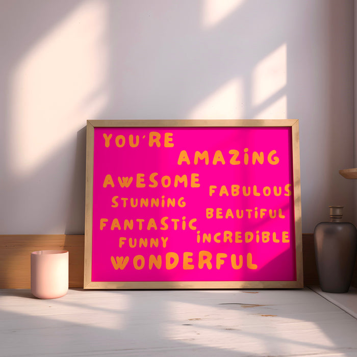 You Are Amazing Pink Orange Poster, Funky 70s Pink Wall Art, Digital Artwork,Printable, Girly Dorm Room Art Trendy Retro Digital Download