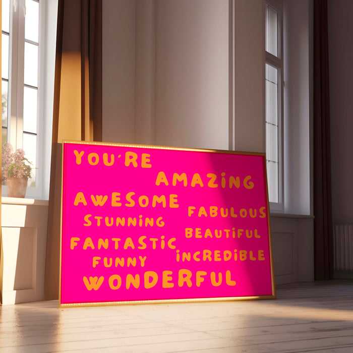 You Are Amazing Pink Orange Poster, Funky 70s Pink Wall Art, Digital Artwork,Printable, Girly Dorm Room Art Trendy Retro Digital Download