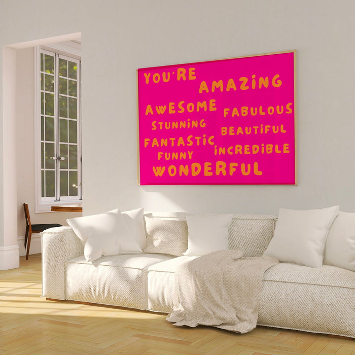 You Are Amazing Pink Orange Poster, Funky 70s Pink Wall Art, Digital Artwork,Printable, Girly Dorm Room Art Trendy Retro Digital Download