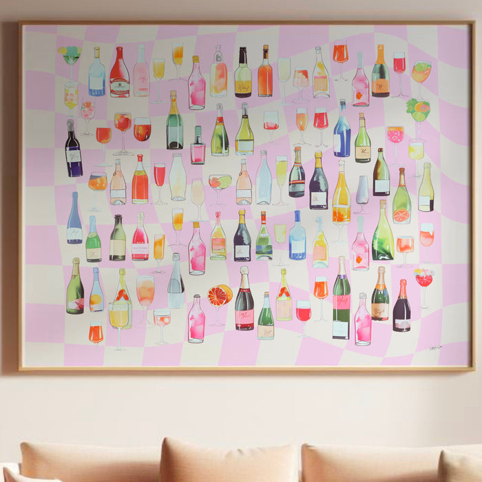Bar Cart Coquette Trendy Pink Champagne Wall Art Retro Vinatge Aesthetic Landscape Print Pink Bar Cart Print Funny Art Minimalist Digital