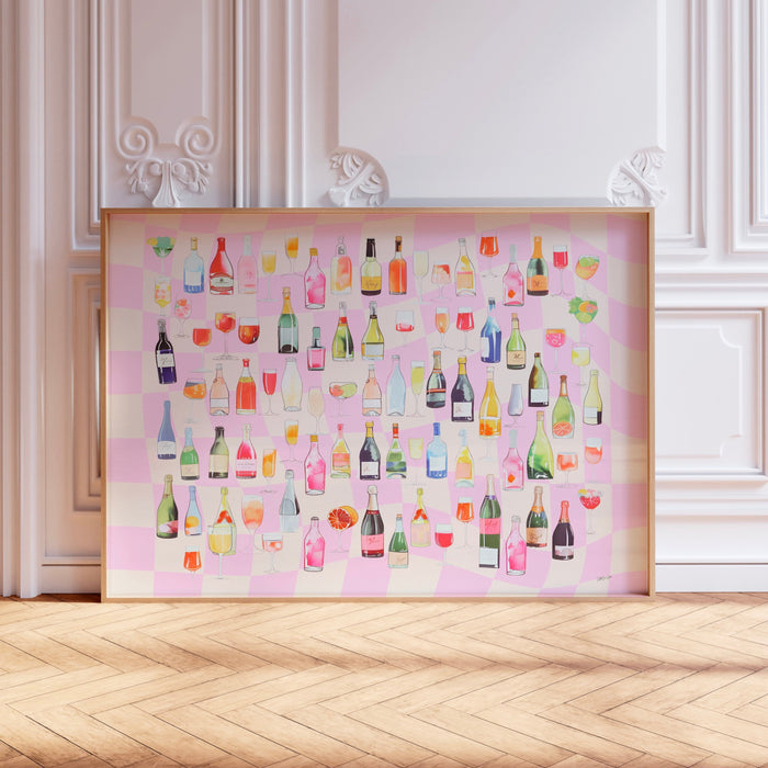 Bar Cart Coquette Trendy Pink Champagne Wall Art Retro Vinatge Aesthetic Landscape Print Pink Bar Cart Print Funny Art Minimalist Digital