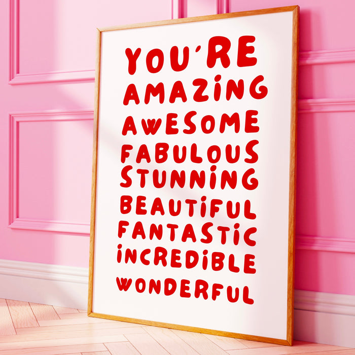 You Are Amazing Pink Red Poster, Funky 70s Pink Wall Art, Digital Artwork,Printable, Girly Dorm Room Art Trendy Retro Gift  Digital Download