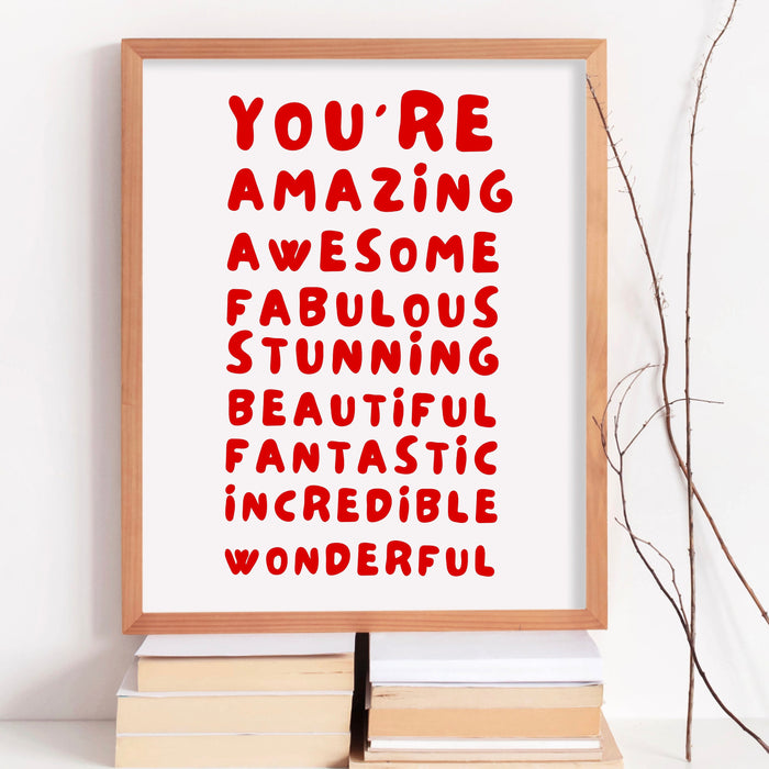 You Are Amazing Pink Red Poster, Funky 70s Pink Wall Art, Digital Artwork,Printable, Girly Dorm Room Art Trendy Retro Gift  Digital Download