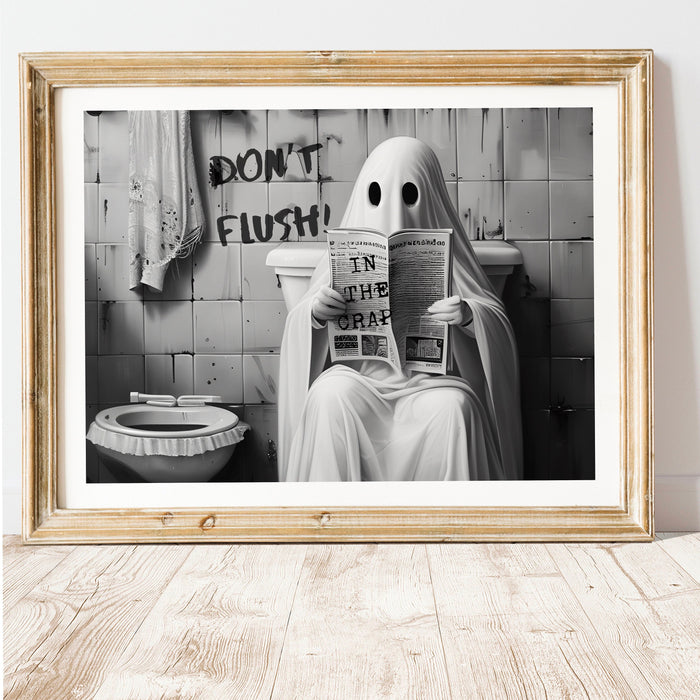 Spooky Times Ghost on the toilet funny halloween scary bathroom print gallery set of 9 black and white landscape poster digital download