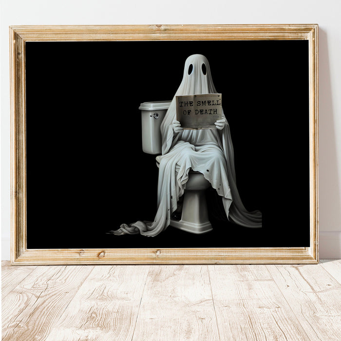 Spooky Times Ghost on the toilet funny halloween scary bathroom print gallery set of 9 black and white landscape poster digital download