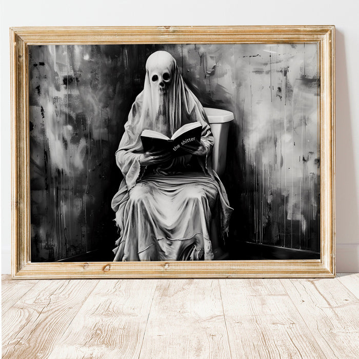 Spooky Times Ghost on the toilet funny halloween scary bathroom print gallery set of 9 black and white landscape poster digital download