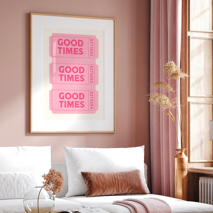 Good Times Ticket Pink Poster, Funky 70s Pink Wall Art, Digital Artwork,Printable, Girly Dorm Room Art Trendy Retro Digital Download 1 Print