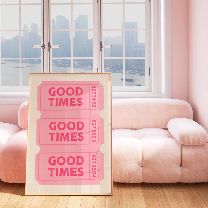 Good Times Ticket Pink Poster, Funky 70s Pink Wall Art, Digital Artwork,Printable, Girly Dorm Room Art Trendy Retro Digital Download 1 Print
