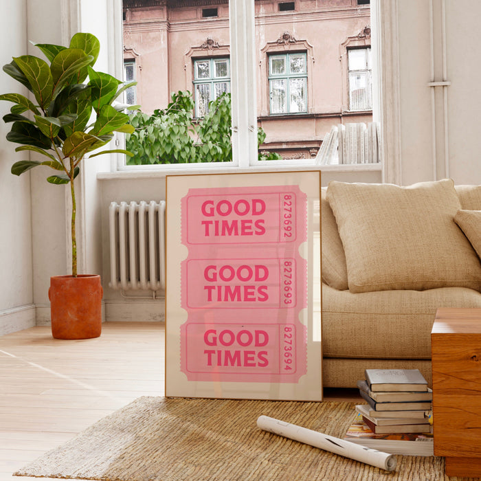 Good Times Ticket Pink Poster, Funky 70s Pink Wall Art, Digital Artwork,Printable, Girly Dorm Room Art Trendy Retro Digital Download 1 Print