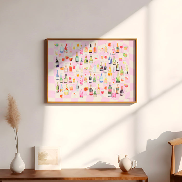 Bar Cart Coquette Trendy Pink Champagne Wall Art Retro Vinatge Aesthetic Landscape Print Pink Bar Cart Print Funny Art Minimalist Digital