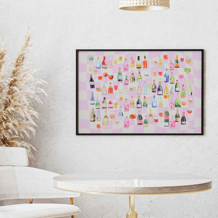 Bar Cart Coquette Trendy Pink Champagne Wall Art Retro Vinatge Aesthetic Landscape Print Pink Bar Cart Print Funny Art Minimalist Digital