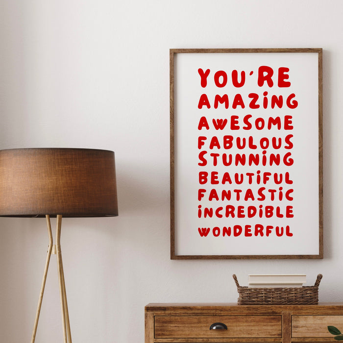 You Are Amazing Pink Red Poster, Funky 70s Pink Wall Art, Digital Artwork,Printable, Girly Dorm Room Art Trendy Retro Gift  Digital Download