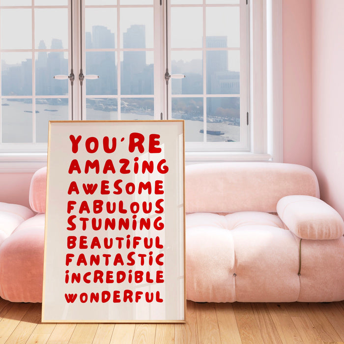 You Are Amazing Pink Red Poster, Funky 70s Pink Wall Art, Digital Artwork,Printable, Girly Dorm Room Art Trendy Retro Gift  Digital Download