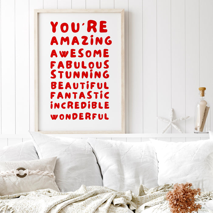 You Are Amazing Pink Red Poster, Funky 70s Pink Wall Art, Digital Artwork,Printable, Girly Dorm Room Art Trendy Retro Gift  Digital Download