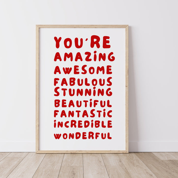 You Are Amazing Pink Red Poster, Funky 70s Pink Wall Art, Digital Artwork,Printable, Girly Dorm Room Art Trendy Retro Gift  Digital Download