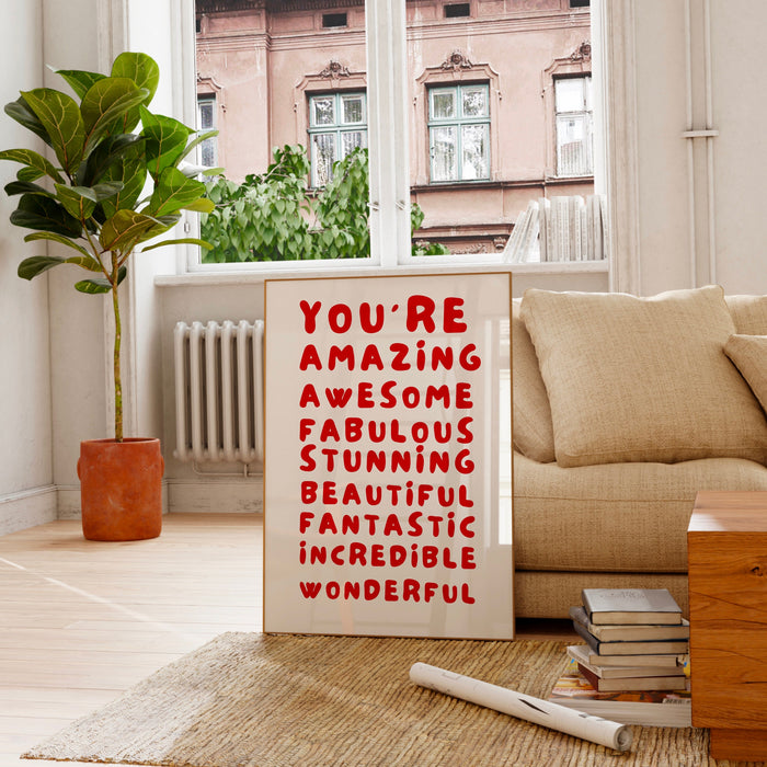 You Are Amazing Pink Red Poster, Funky 70s Pink Wall Art, Digital Artwork,Printable, Girly Dorm Room Art Trendy Retro Gift  Digital Download