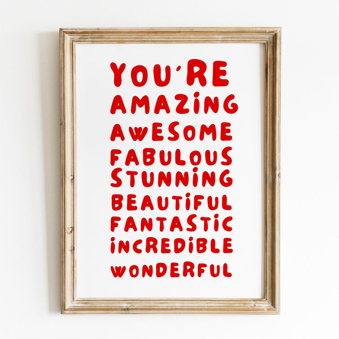 You Are Amazing Pink Red Poster, Funky 70s Pink Wall Art, Digital Artwork,Printable, Girly Dorm Room Art Trendy Retro Gift  Digital Download