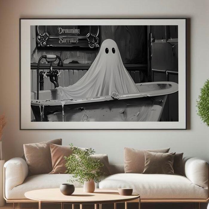 Spooky Times Ghost on the toilet funny halloween scary bathroom print gallery set of 9 black and white landscape poster digital download