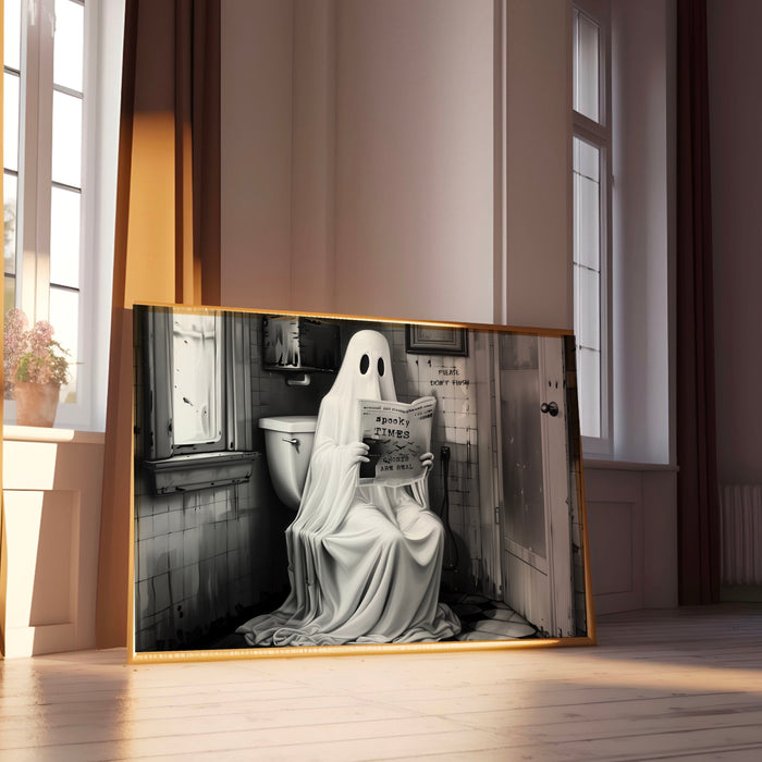 Spooky Times Ghost on the toilet funny halloween scary bathroom print gallery set of 9 black and white landscape poster digital download