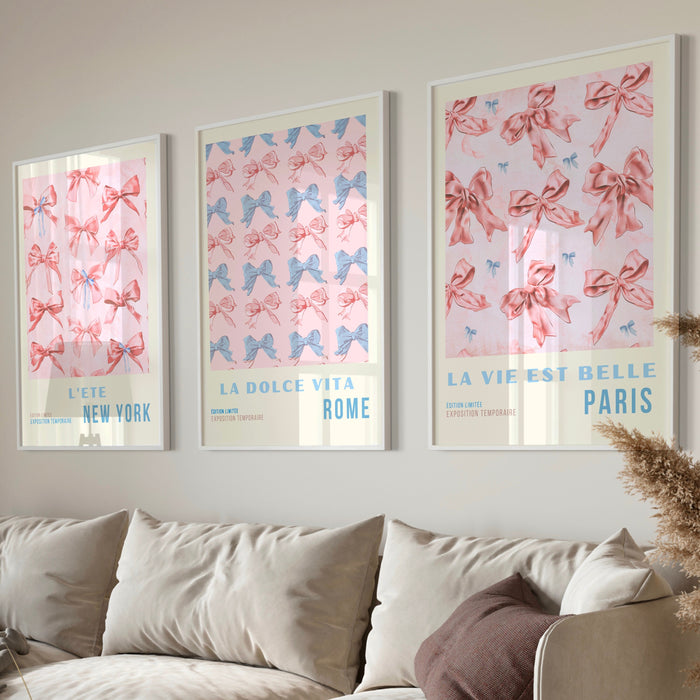 Coquette Pink Bow Prints Trendy Retro Wall Art Set of 3 Travel Posters Aesthetic Print Coquette Pink Bow Flower Print Digital Art