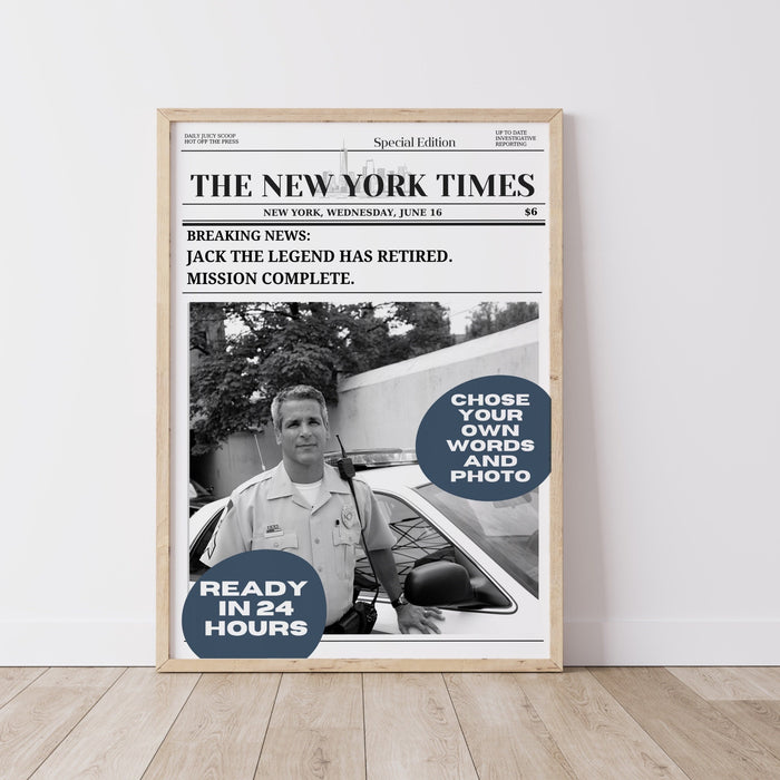 Police Retirement Gift for Men or Women Military Police Christmas Card Police Birthday Party Decorations Personalized Newspaper Print