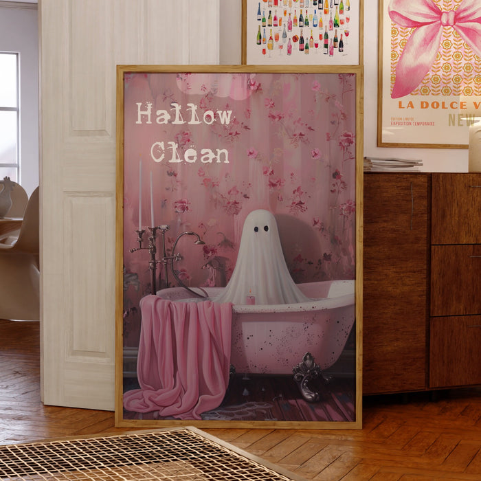 Hallow Clean halloween bathroom laundry art cute ghost in bath funny halloween pink print nursery kids room wall art digital download