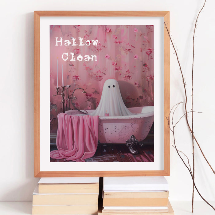 Hallow Clean halloween bathroom laundry art cute ghost in bath funny halloween pink print nursery kids room wall art digital download