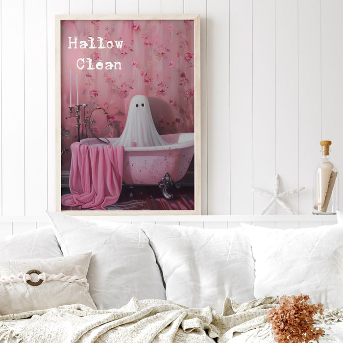 Hallow Clean halloween bathroom laundry art cute ghost in bath funny halloween pink print nursery kids room wall art digital download