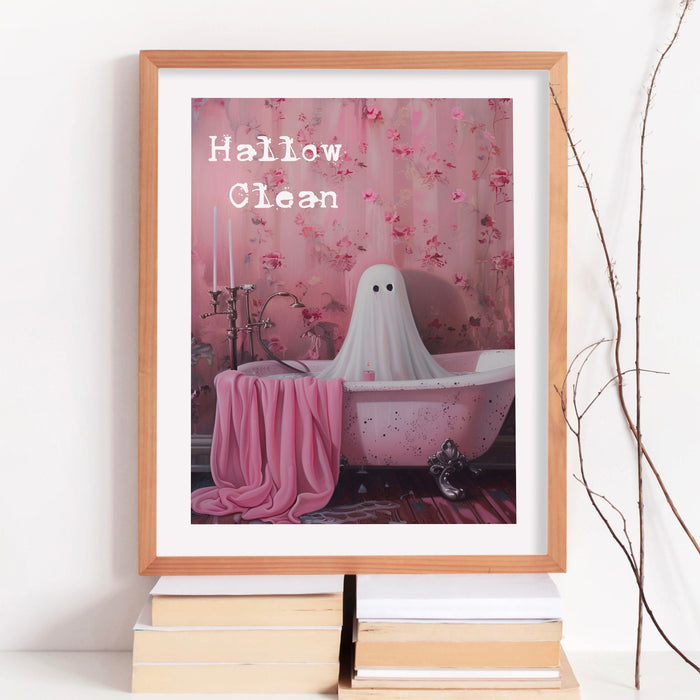 Hallow Clean halloween bathroom laundry art cute ghost in bath funny halloween pink print nursery kids room wall art digital download