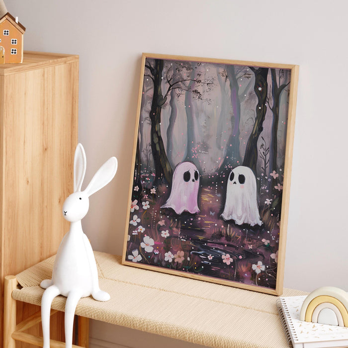 Cute ghost in the forest halloween print nursery wall art spooky ghost painting digital download 1 print