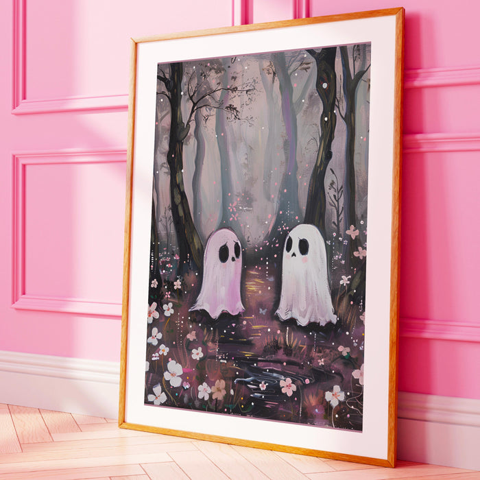 Cute ghost in the forest halloween print nursery wall art spooky ghost painting digital download 1 print