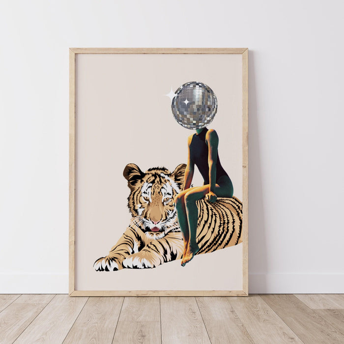 Tiger disco ball head poster trendy disco 70s print preppy retro wall art, digital artwork mirrorball printable, girly dorm room artt