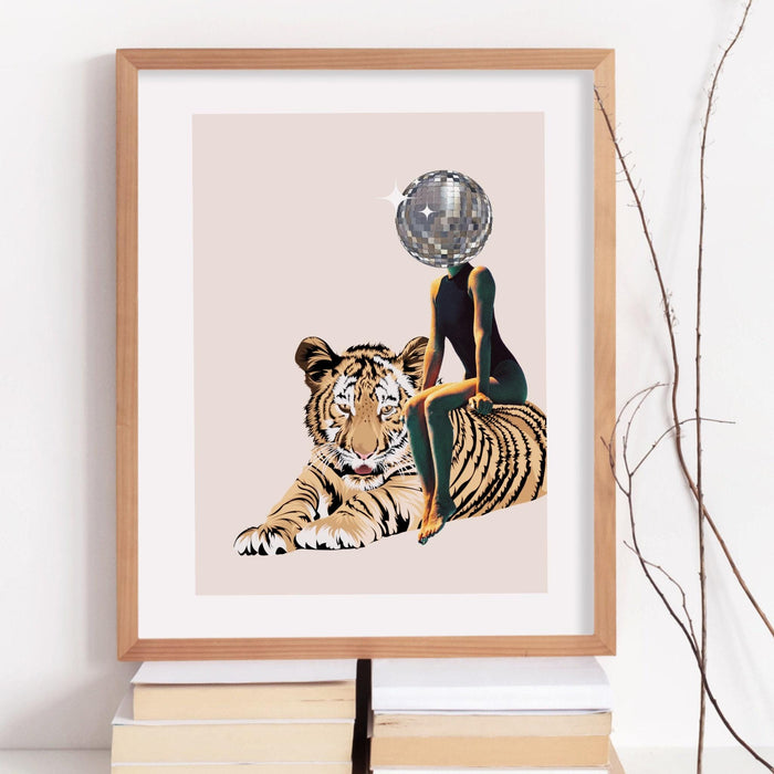 Tiger disco ball head poster trendy disco 70s print preppy retro wall art, digital artwork mirrorball printable, girly dorm room artt