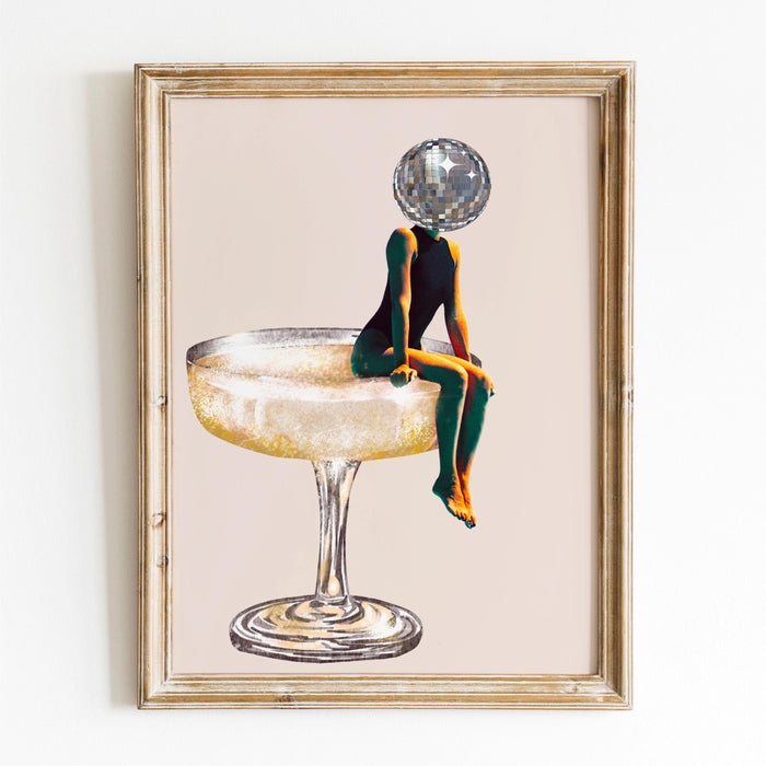 Disco ball head poster, funky disco 70s print, retro wall art, digital artwork, luxury mirrorball printable, girly dorm room artt trendy