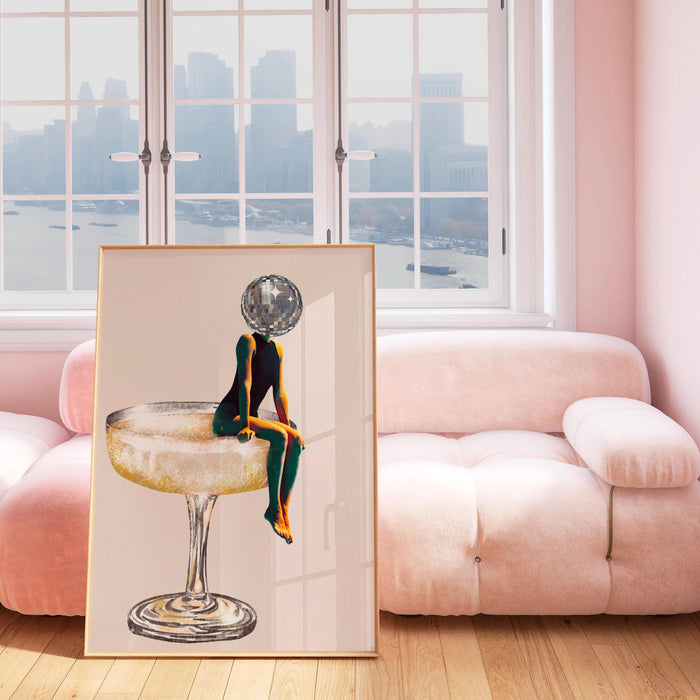 Disco ball head poster, funky disco 70s print, retro wall art, digital artwork, luxury mirrorball printable, girly dorm room artt trendy