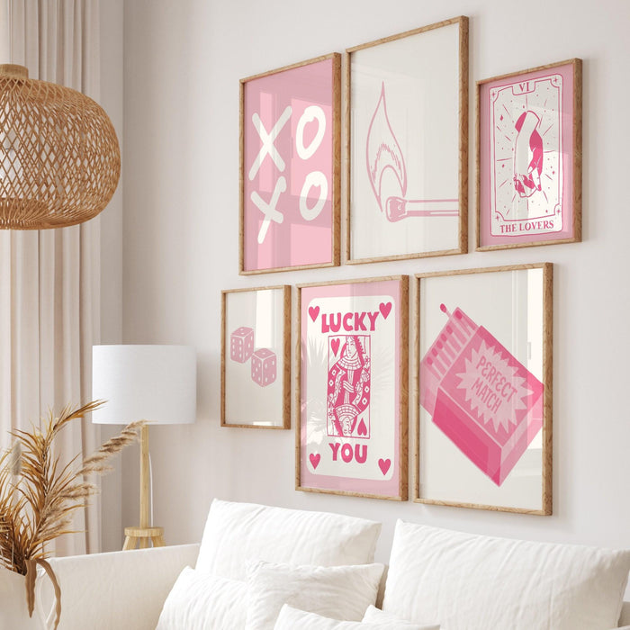 Trendy retro wall art set of 9,retro trendy aesthetic print,lucky you poster,pink print,trendy wall art,funny art, minimalist, digital art