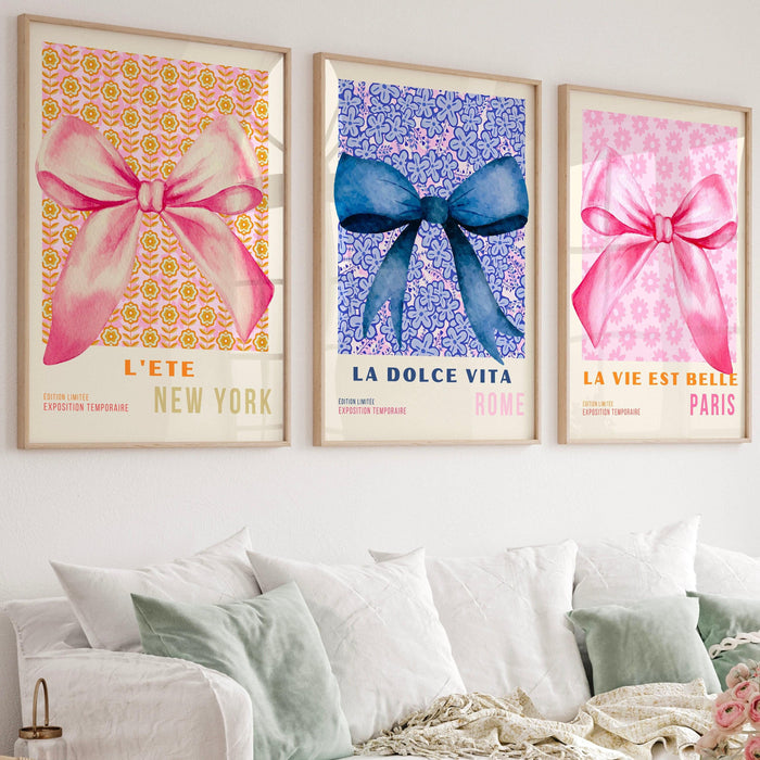Coquette pink bow prints trendy retro wall art set of 3 travel posters aesthetic print coquette pink bow flower print digital art