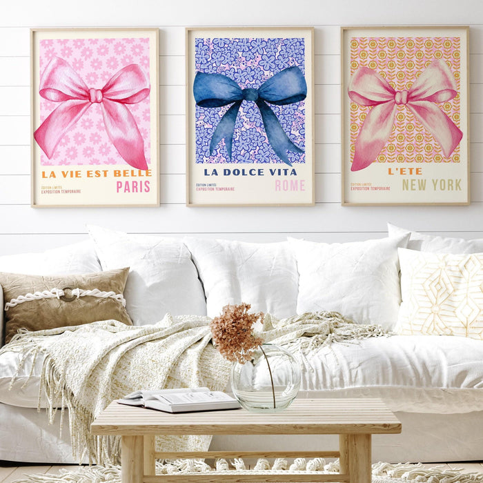 Coquette pink bow prints trendy retro wall art set of 3 travel posters aesthetic print coquette pink bow flower print digital art