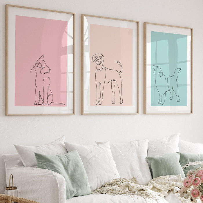 Gallery wall art set of 3, dog prints, boho dog line art poster, blush pink print, pale pink wall decor, minimalist wall art, pink wall art,